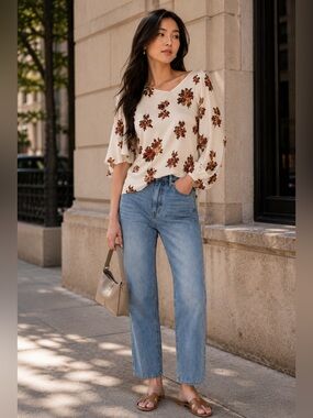 A.L.C. 100% Silk Floral Asymmetrical Blouse Statement Sleeve Top Size 0 | NWT